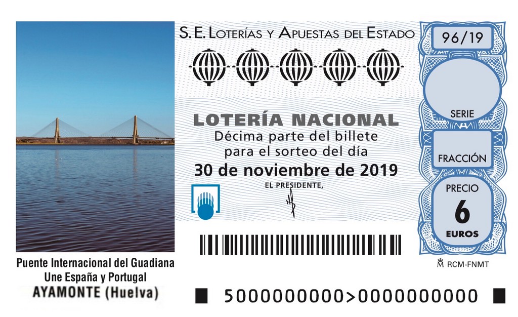 YA ESTÁ A LA VENTA EL DÉCIMO DE LOTERÍA NACIONAL CON LA IMAGEN DEL PUENTE INTERNACIONAL DE AYAMONTE PARA EL SORTEO DE ESTE SÁBADO